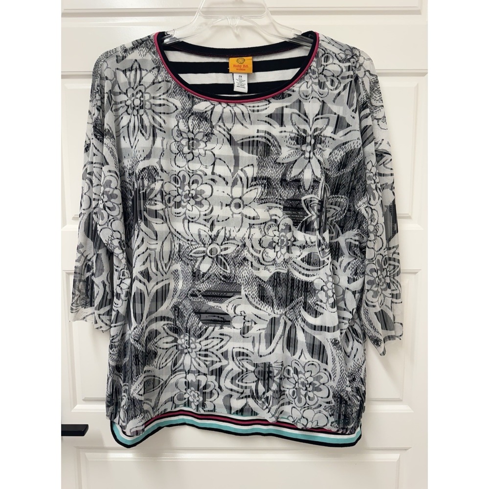 Ruby Rd Woman 2X Blouse Over Tank Floral Striped Layered Top Multicolor